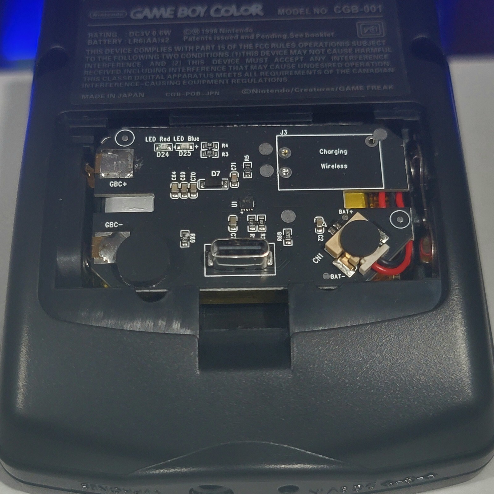 Black Gameboy Color Console OLED Touch Screen And USB-C Rechargeable Battery Mod
