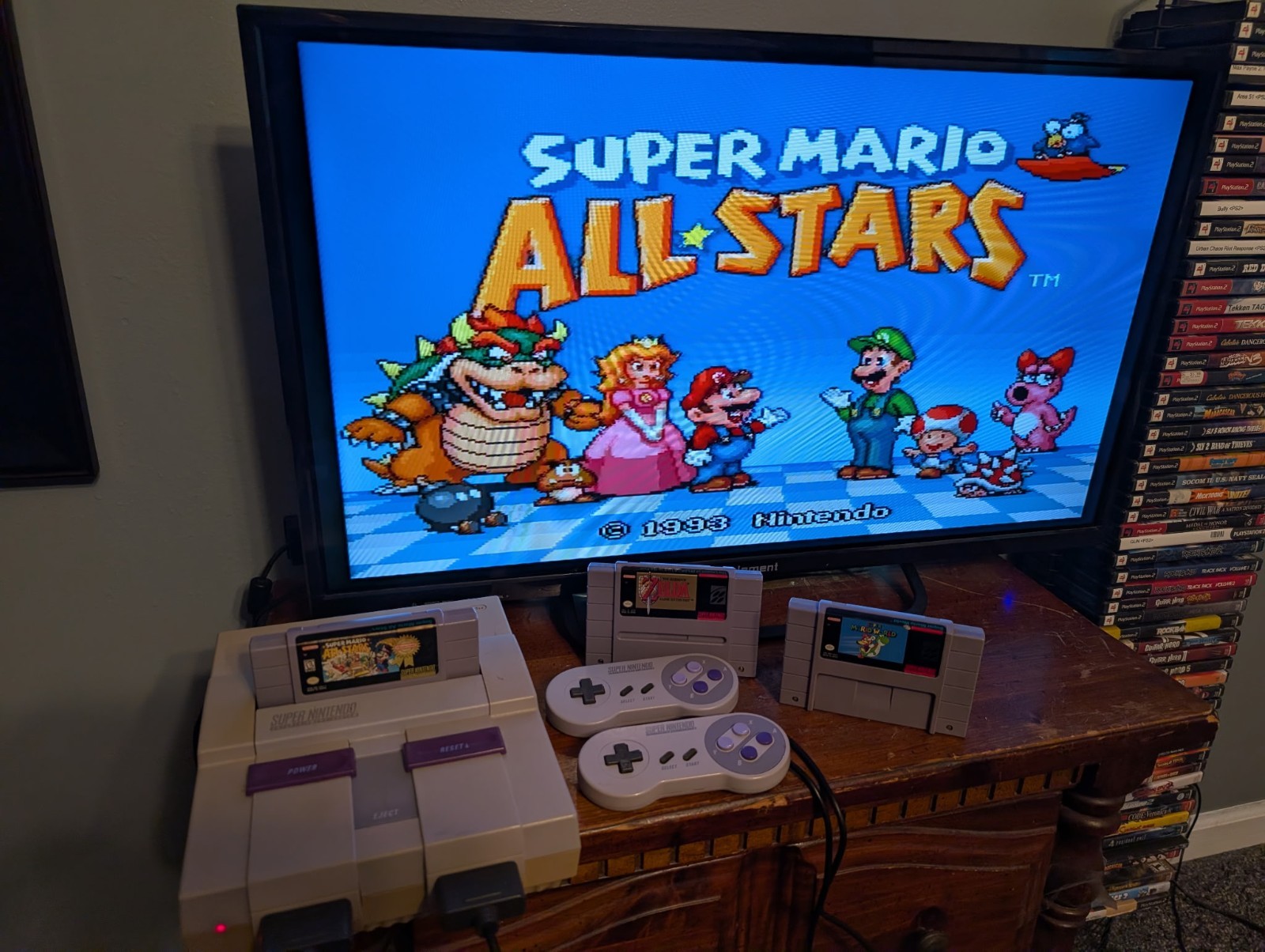 Super Nintendo SNES Console Bundle – 3 Games (Mario World, All-Stars, Zelda) OEM