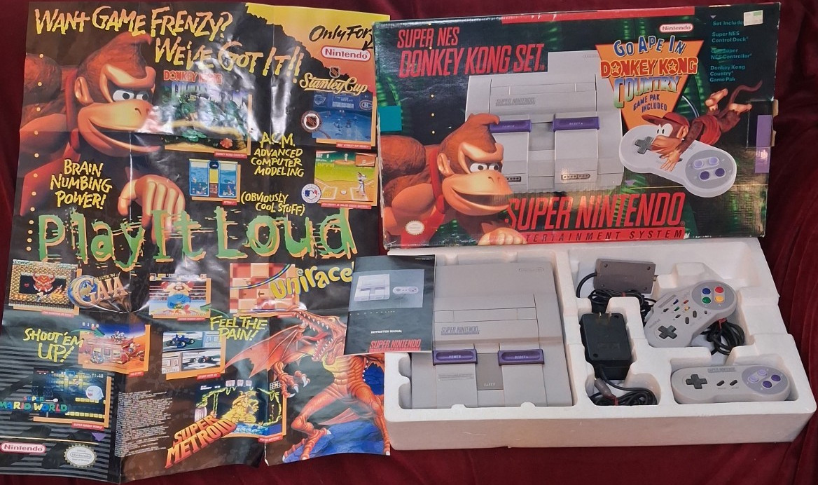 Nintendo SNES Super Nintendo Console Bundle w/ Box Manual 2 Controllers Adapter