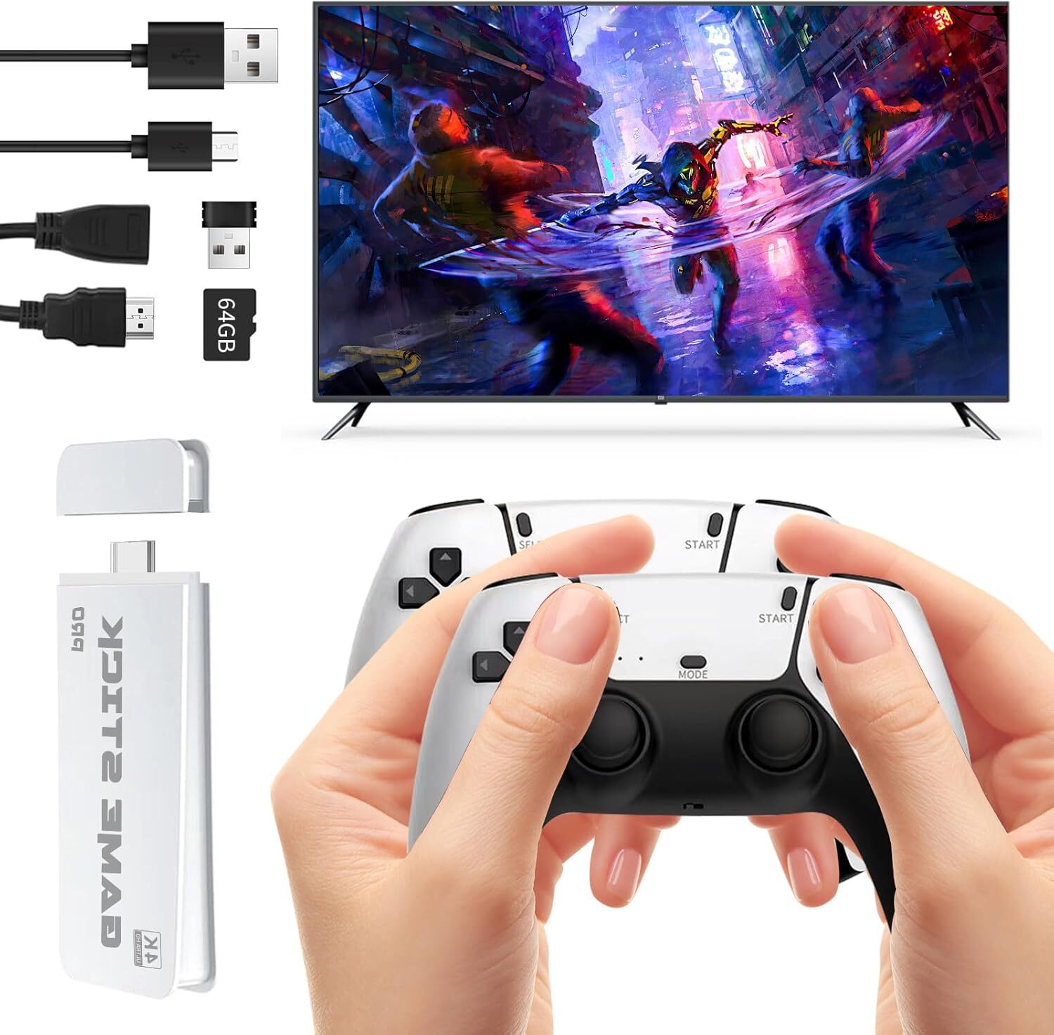 Retro Game Stick 64GB – 20,000+ Games, 4K HDMI, Dual Wireless Controllers, Plug