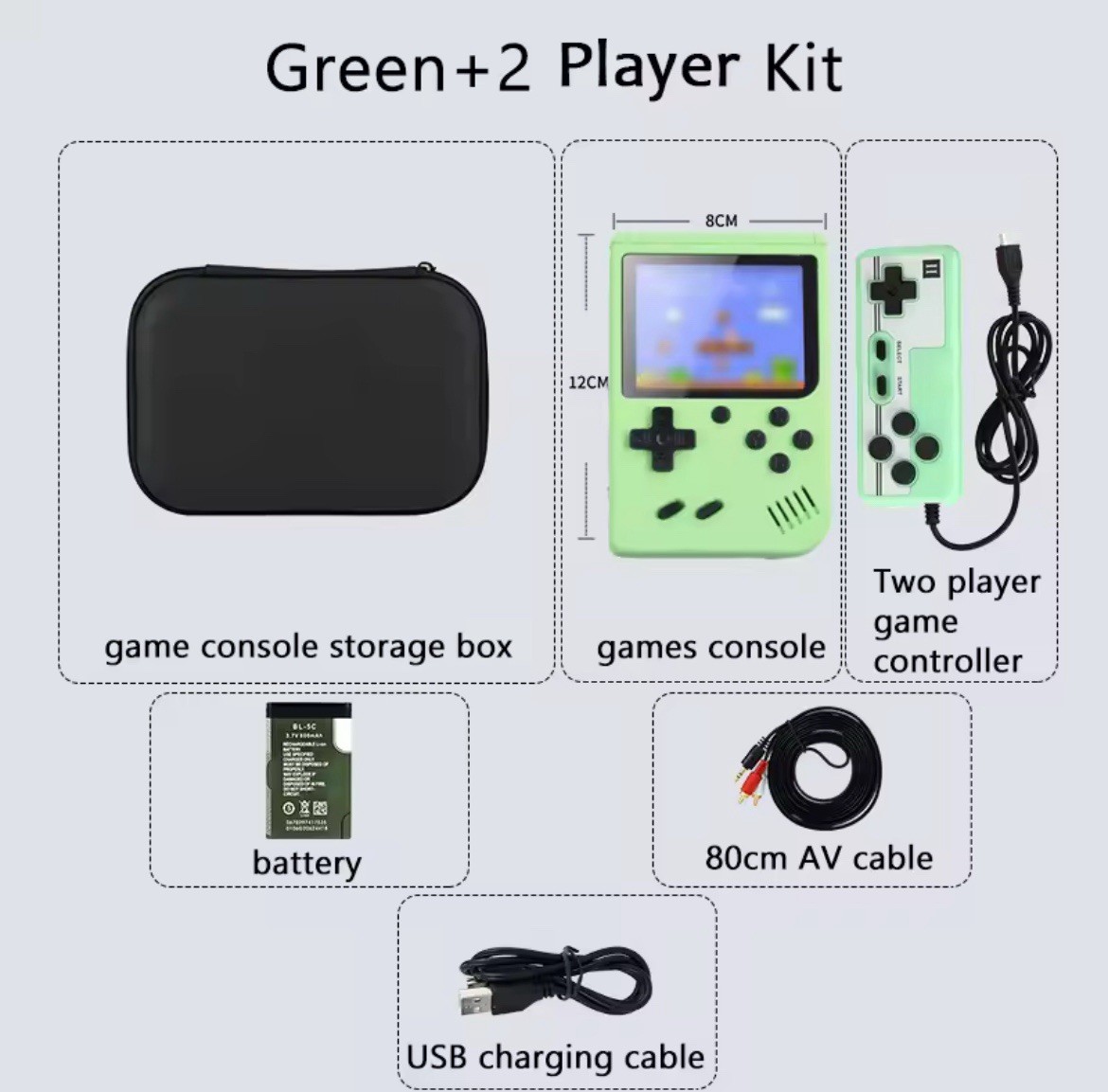 Green Retro 8-Bit Handheld Game Console💫Game Box + Case | 400+ in 1 | 2 Player