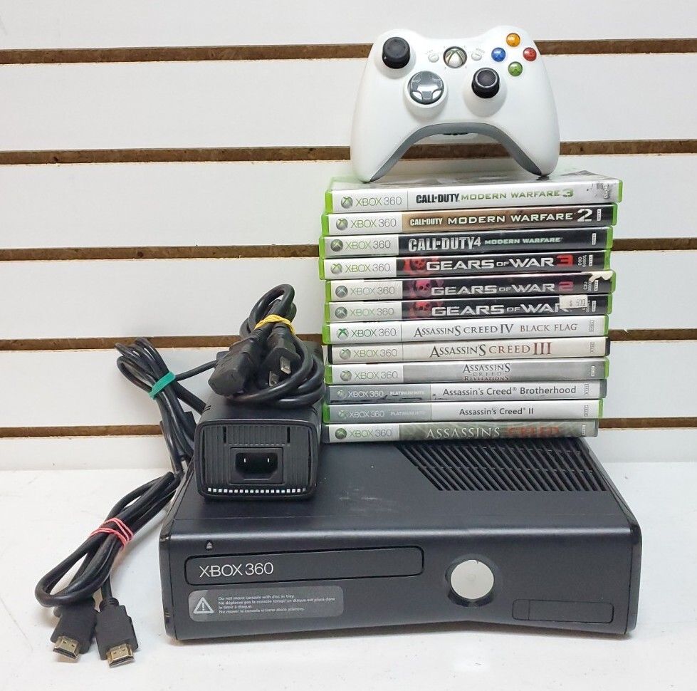 Microsoft Xbox 360 Slim 4GB Console w/Hookups, OEM Controller & 12 Games *READ*