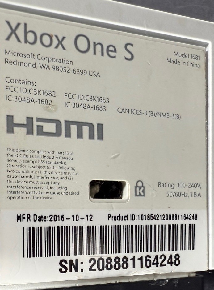 Microsoft Xbox One S Console 1TB Model 1681 + Controller + Cables – Working